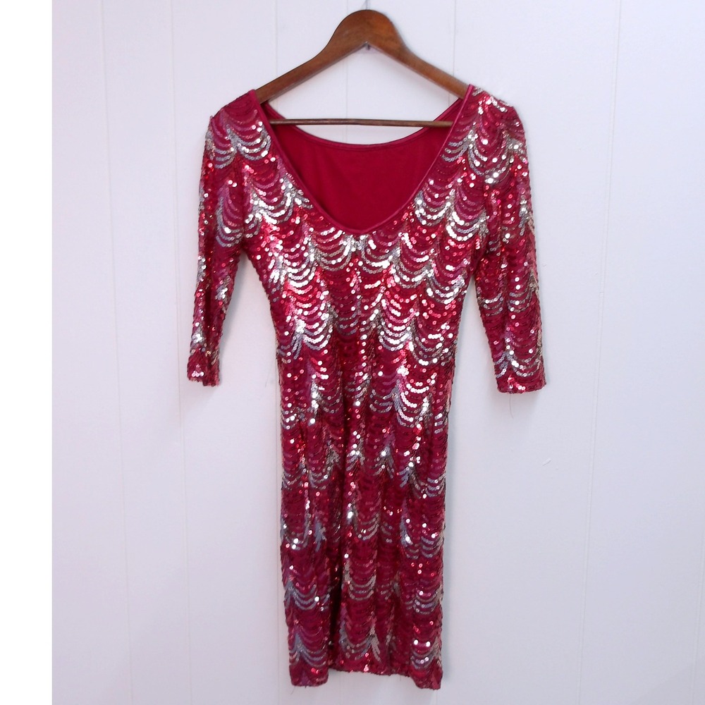 Crystal Doll Cocktail Mini Dress Sparkly Sequins‎ Burgundy LG / #R1